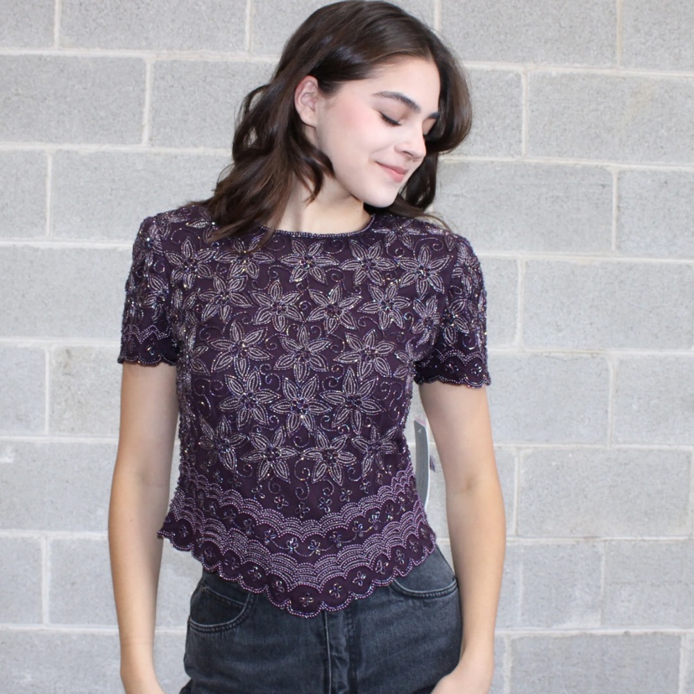 Adrianna Papell women’s purple beaded silk top XL L65-29